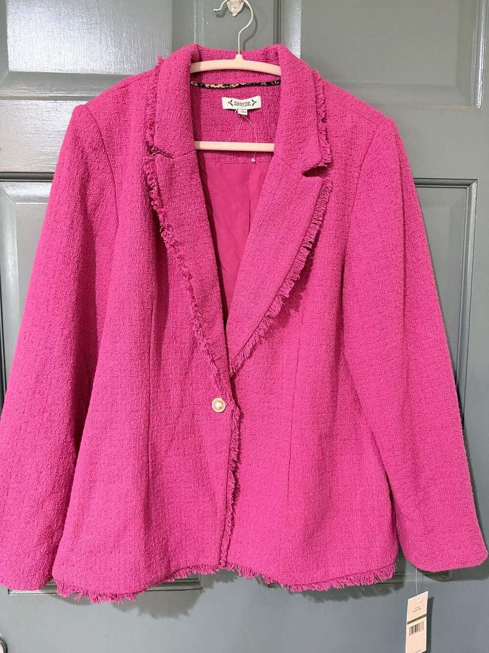 Nanette Lepore Women's Size 14 Pink Tweed Blazer Jacket with Fringe Detail